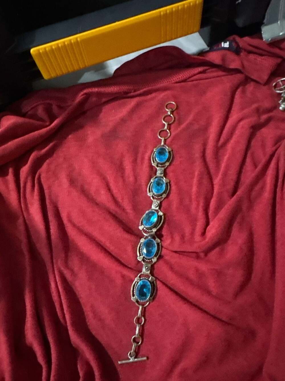 Vintage 925 Sterling Silver Blue Topaz Oval Link Toggle Bracelet